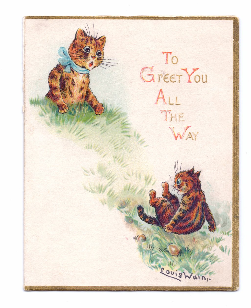 Egy viktoriánus üdvözlőlap két macskáról, amelyek közül az egyik felborul, a másik megdöbbent, 1880 körül alkotó: Louis Wain