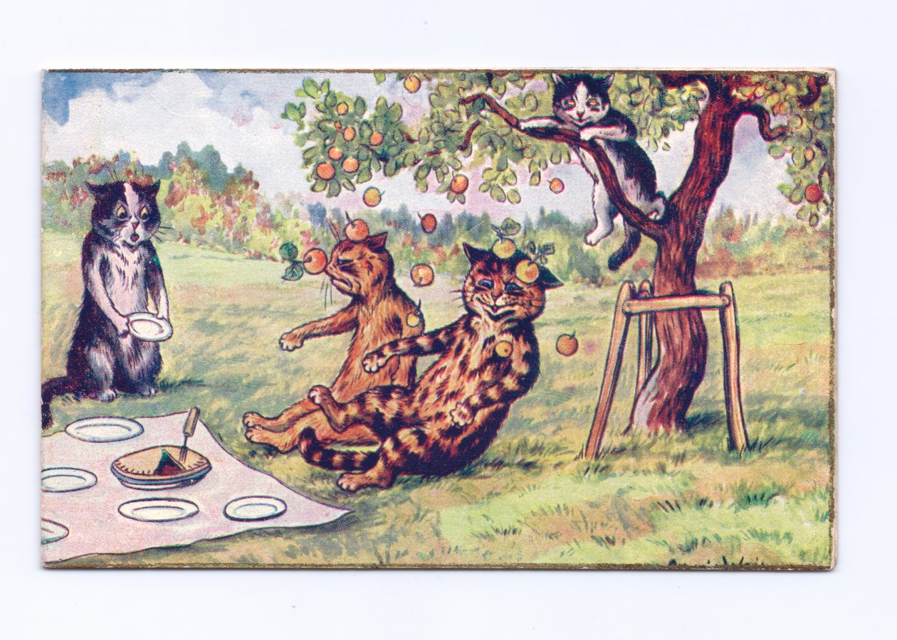 Egy viktoriánus üdvözlőkártya almával, amely két macskára esik egy pikniken, 1880 körül alkotó: Louis Wain