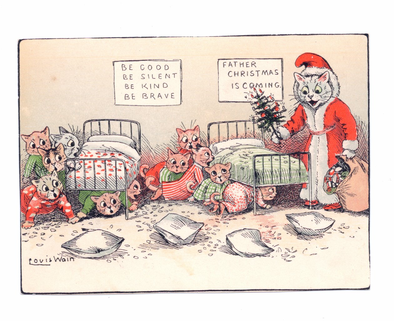 Viktoriánus üdvözlőlap kiscicákról, akik ijedtében összeroskadtak egy karácsonyfa-nak öltözött macska láttán, 1880 körül alkotó: Louis Wain