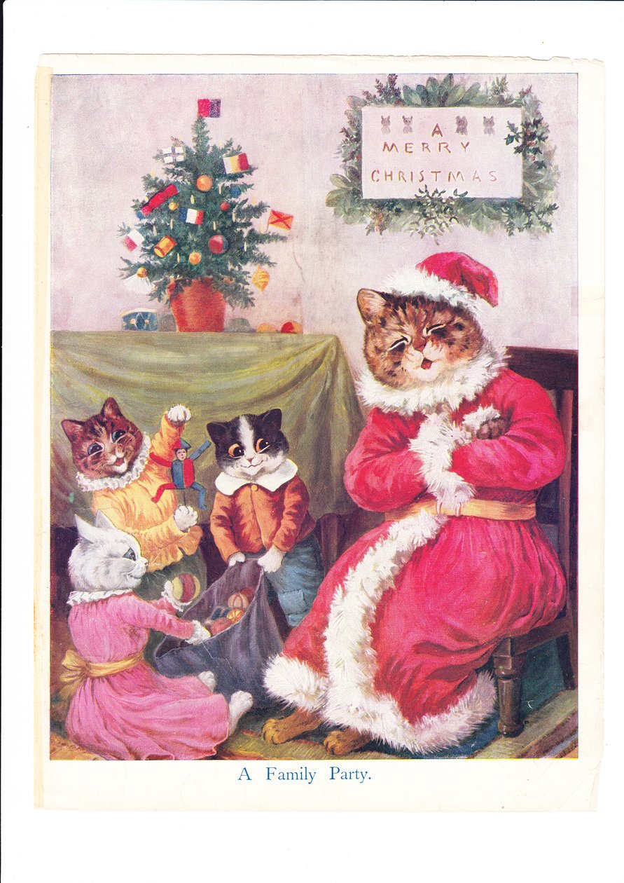 Louis Wain macska karácsonyi partijának lenyomata egy antropomorfizált apa macskával, karácsonyi Mikulásnak öltözve, kis macskákkal és karácsonyfával körülvéve, 1890 körül (színes litó) alkotó: Louis Wain