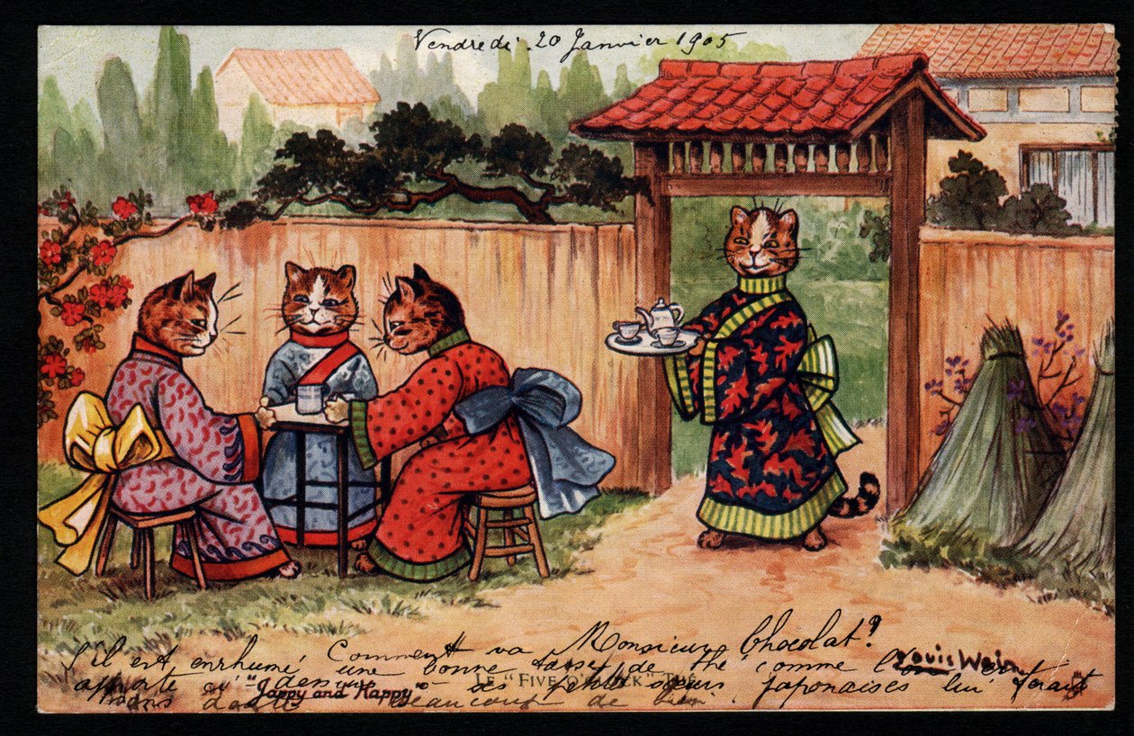 Állatok emberi testtartásban. Kimonós macska teát iszik egy japán kertben. Képeslap. Louis Wain (1860-1939) kromolitográfiája, egy angol művész, aki a nagy szemű macskák ábrázolásáról ismert. 20. század eleje. Gyűjtemény pr alkotó: Louis Wain