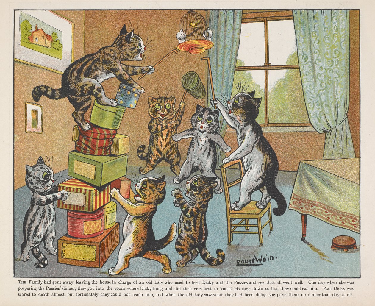 Dobozokkal játszó macskák egy szobában. alkotó: Louis Wain