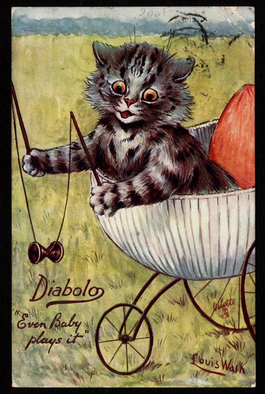 Diabolo. Még a baba is játszik vele. Állatok emberi testtartásban. Cica játszik egy diabolóval a bölcsőjében. Képeslap. Louis Wain (1860-1939) kromolitográfiája, egy angol művész, aki a nagy szemű macskák ábrázolásáról ismert. 20. eleje alkotó: Louis Wain