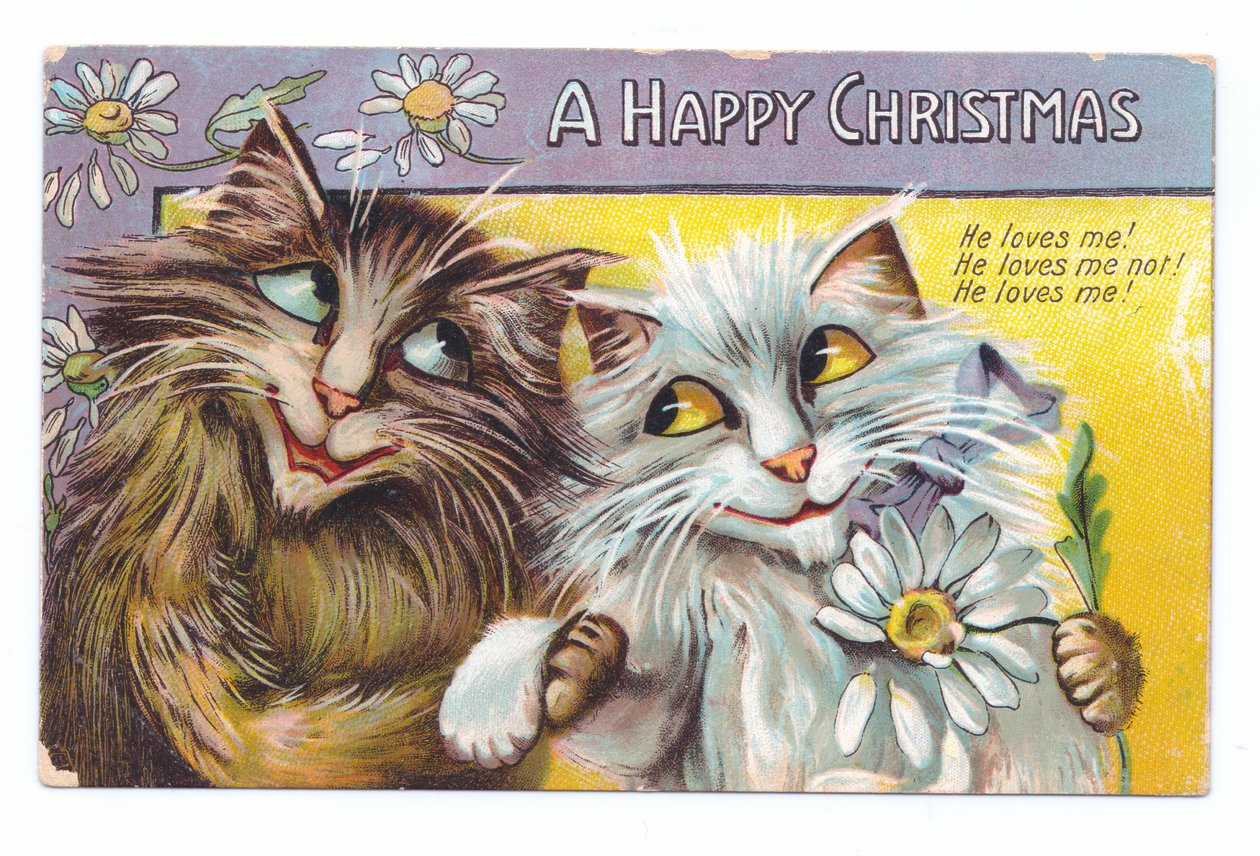 Edward-korabeli karácsonyi képeslap két ragaszkodó macskáról, 1910 körül alkotó: Louis Wain