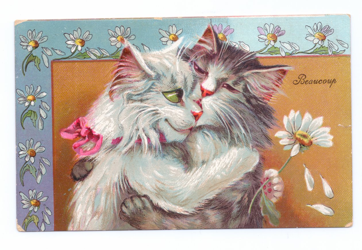 Edward korabeli képeslap két egymást ölelő macskával, 1910 körül alkotó: Louis Wain