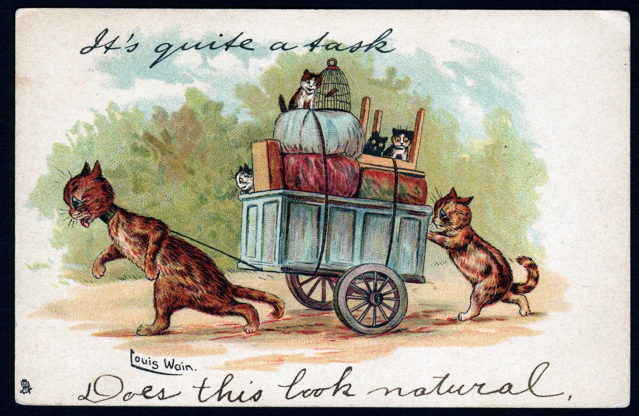 Elég nehéz feladat, természetesnek tűnik. Állatok emberi testtartásban. Macskák, akik kocsit húznak a cicáikkal és a benne mozgó holmikkal. Képeslap. Louis Wain (1860-1939), Angla művész kromolitográfiája alkotó: Louis Wain