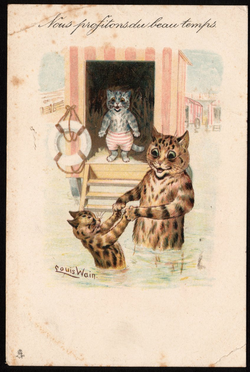 Kihasználjuk a jó időt. Állatok emberi testtartásban. Macska tengeri fürdő nyaralni. Képeslap. Louis Wain (1860-1939) kromolitográfiája, egy angol művész, aki a nagy szemű macskák ábrázolásáról ismert. 20. század eleje. Gallér alkotó: Louis Wain