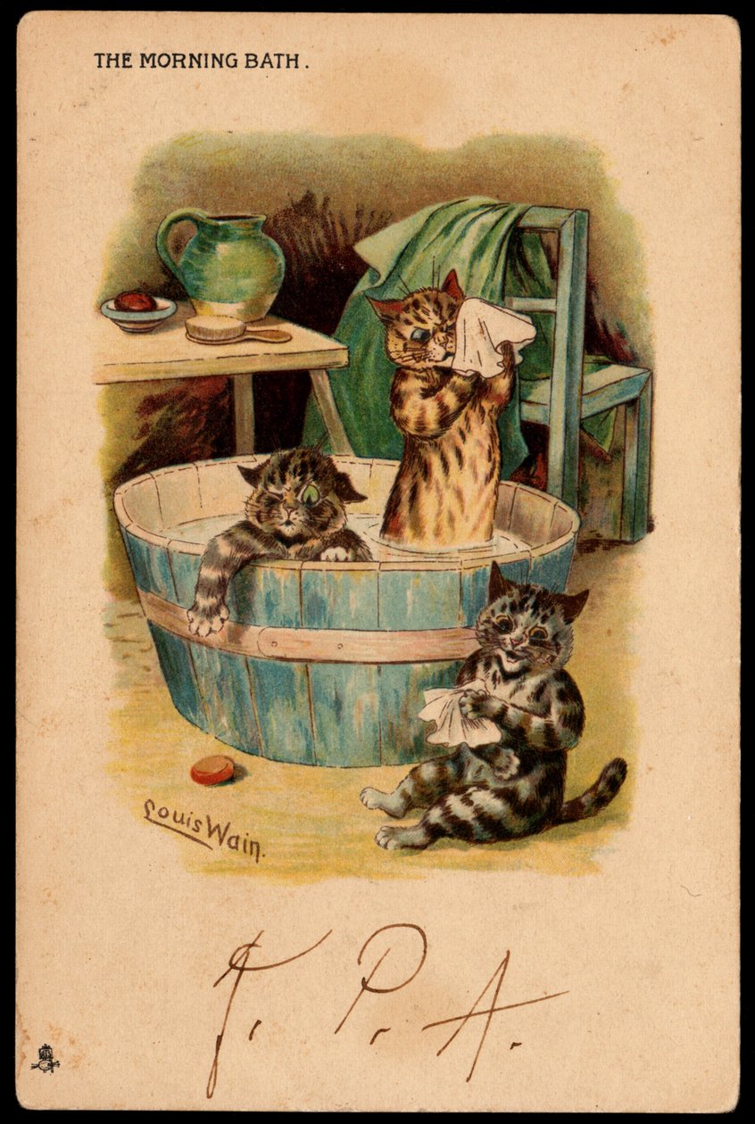 A reggeli fürdő. Állatok emberi testtartásban. A macskák egy medencében fürdik. Képeslap. Louis Wain (1860-1939) kromolitográfiája, egy angol művész, aki a nagy szemű macskák ábrázolásáról ismert. 20. század eleje. Gyűjt alkotó: Louis Wain
