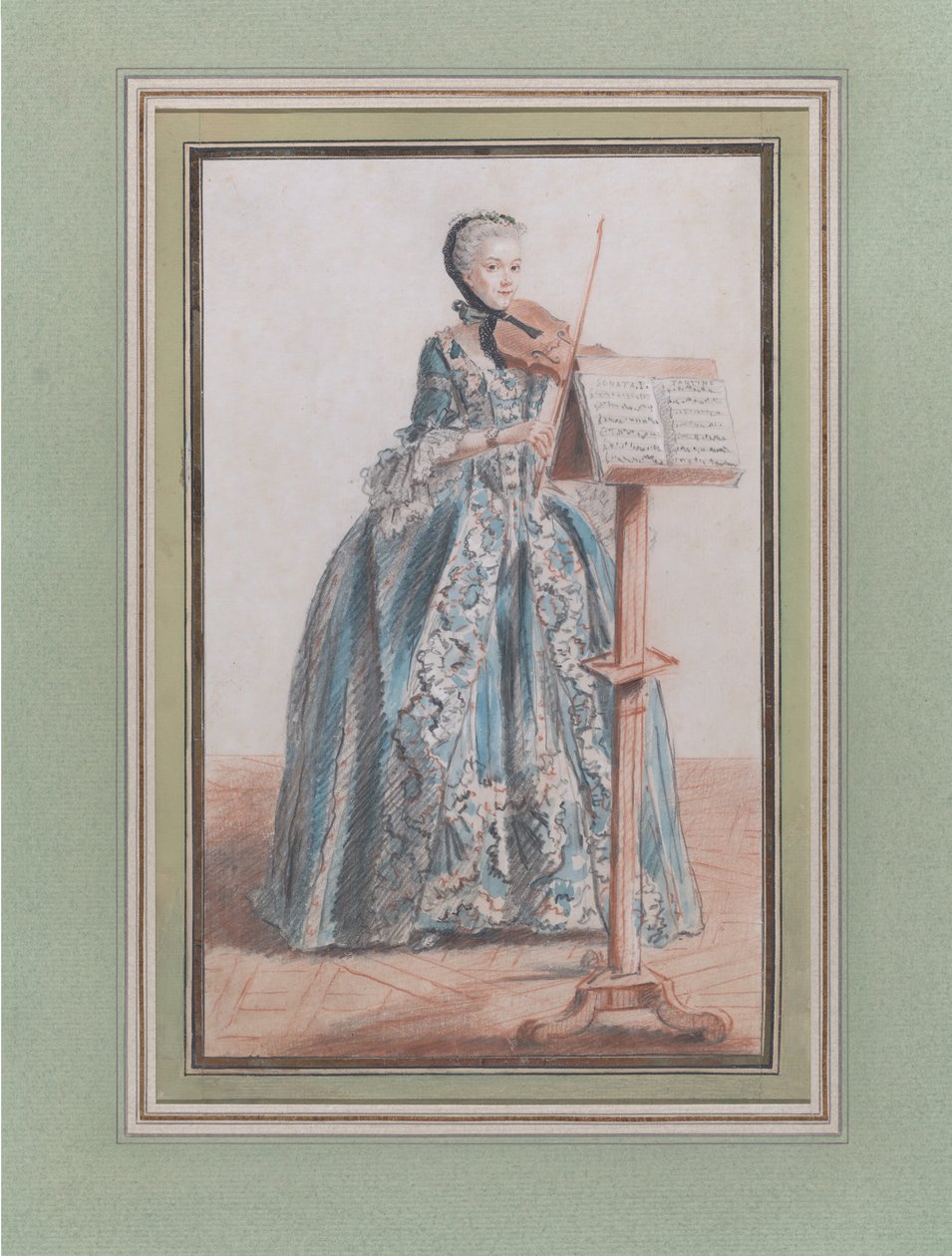 Hegedűn játszó nő, elölről nézve, kb. 1758-59. alkotó: Louis de Carmontelle
