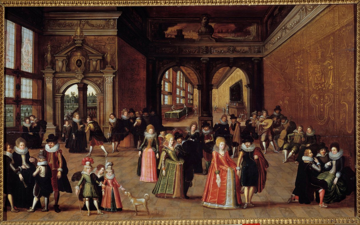 Bal IV. Henrik udvarában. Louis De Caulery festménye (a Leningrádi Vázlatok Könyvének Mestereként ismert) (kb. 1580-1621 után), 1610 körül. Olaj, fa. Méret: 0,50 X 0,98 m. Rennes, Szépművészeti Múzeum alkotó: Louis de Caulery