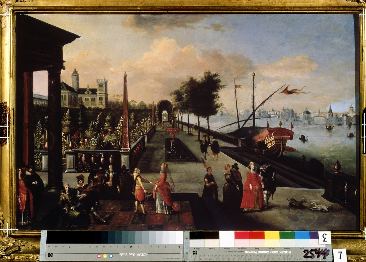 ""A tengerparti sétány"" Kilátás egy valószínűleg hollandiai városra. Louis de Cauery (a leningrádi vázlatok könyvének mestereként ismert) festménye (1580 körül – 1621 után). 17. századi Radishchev Múzeum, Szaratov, Oroszország alkotó: Louis de Caulery