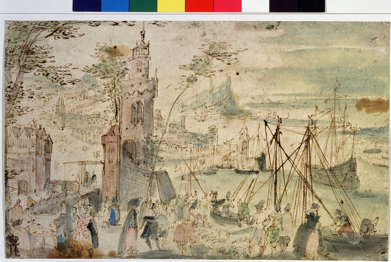 ""Egy kikötő nézete"" holland kikötő. Louis de Caury (a leningrádi vázlatok könyvének mestereként ismert) akvarell és toll (körülbelül 1580-1621 után) 17. századi Puskin Múzeum, Moszkva, Oroszország alkotó: Louis de Caulery