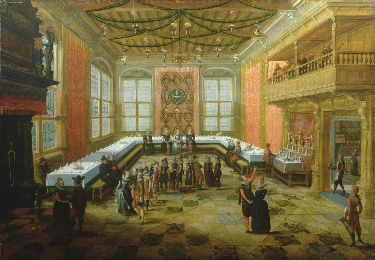 Elegáns alakok gyülekeznek egy díszteremben alkotó: Louis de Caullery