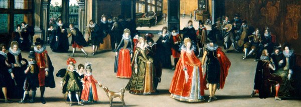 Elegáns figurák táncolnak a belső térben (olaj a panelen) alkotó: Louis de Caullery
