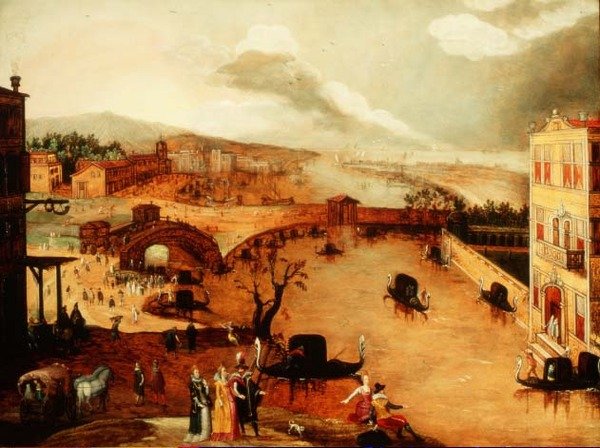 Galante jelenet folyó tájban (panel) alkotó: Louis de Caullery