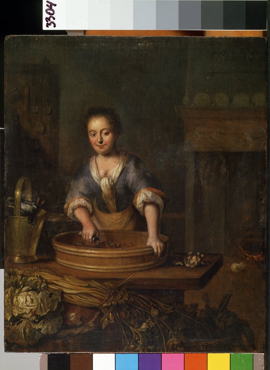 ""A szakács"" (A szakács) Fiatal szakács egy vidéki konyhában, káposztát készít. Louis de Moni (1698-1771) festménye Mikalojus Konstantinas Ciurlionis Szépművészeti Múzeum, Kaunas, Litvánia alkotó: Louis de Moni