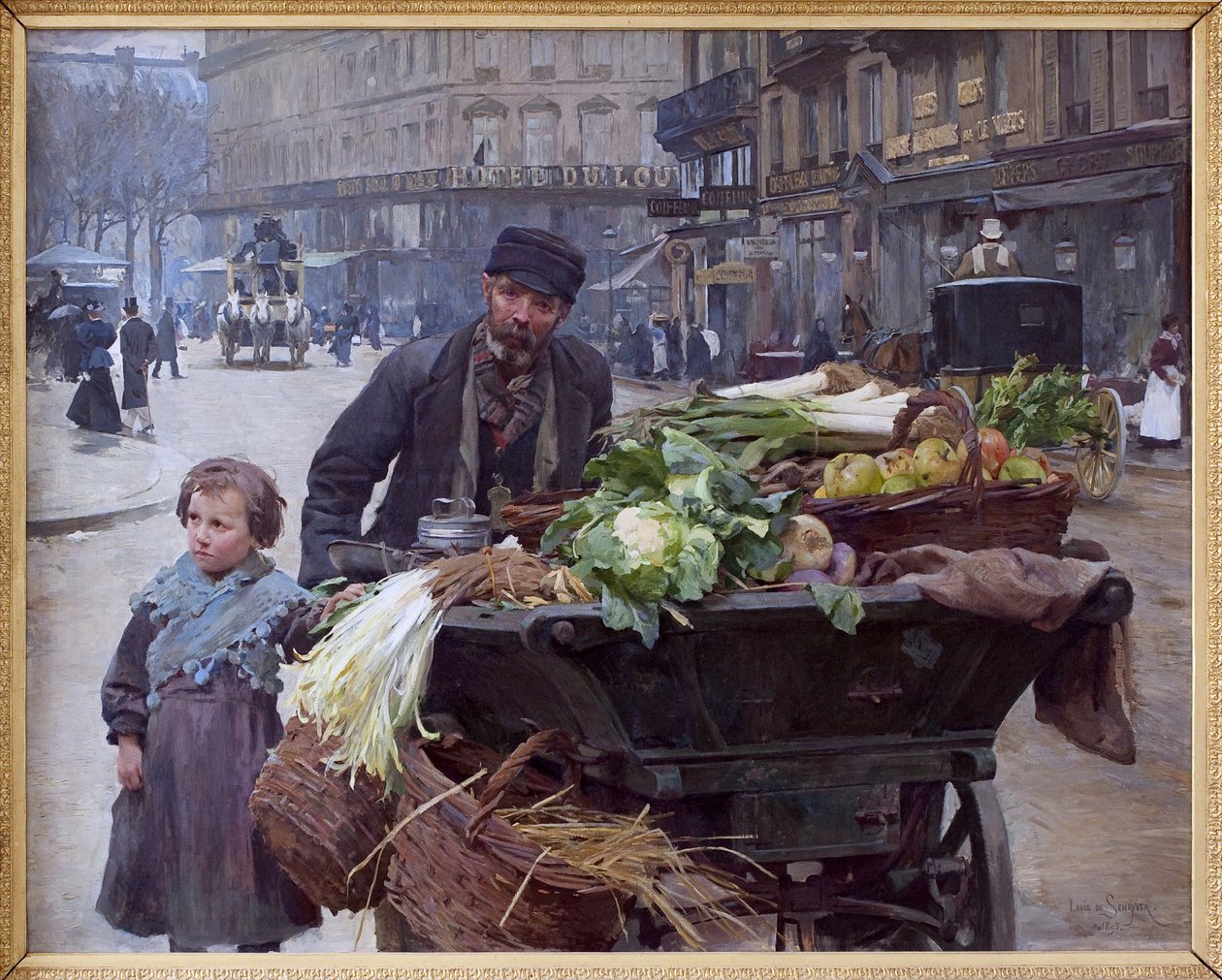 A négy évszak kereskedője Párizsban. Mögötte a Hotel du Louvre (1. kerület) Louis Marie de Schryver (1862-1942) festménye, olaj, vászon alkotó: Louis de Schryver