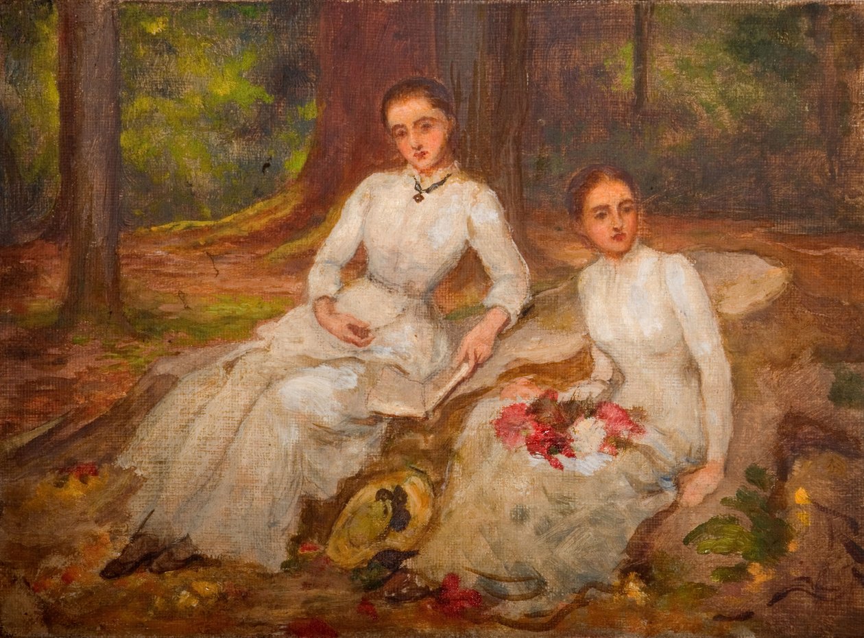Két fehér ruhás nő ül egy erdős tisztáson, 1900. alkotó: Louisa Starr