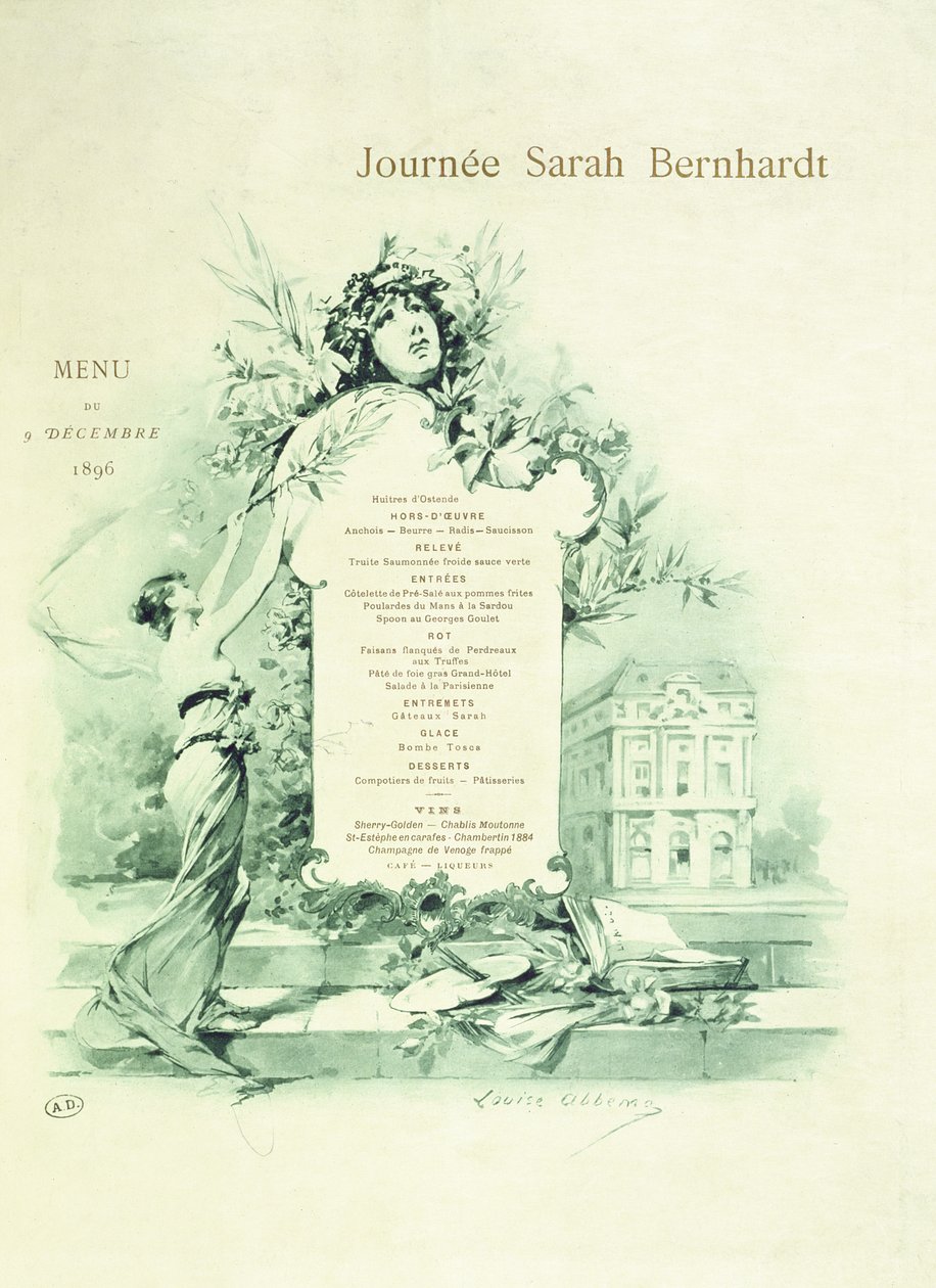 Étlap Sarah Bernhardt napjára, 1896. december 9-re alkotó: Louise Abbéma
