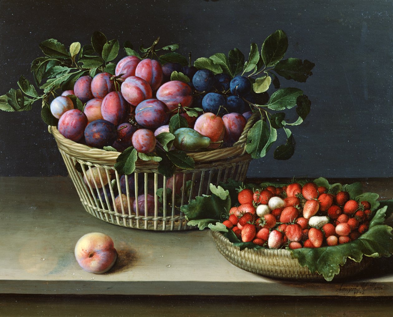 Kosár szilvás és kosár eper, 1632 alkotó: Louise Moillon