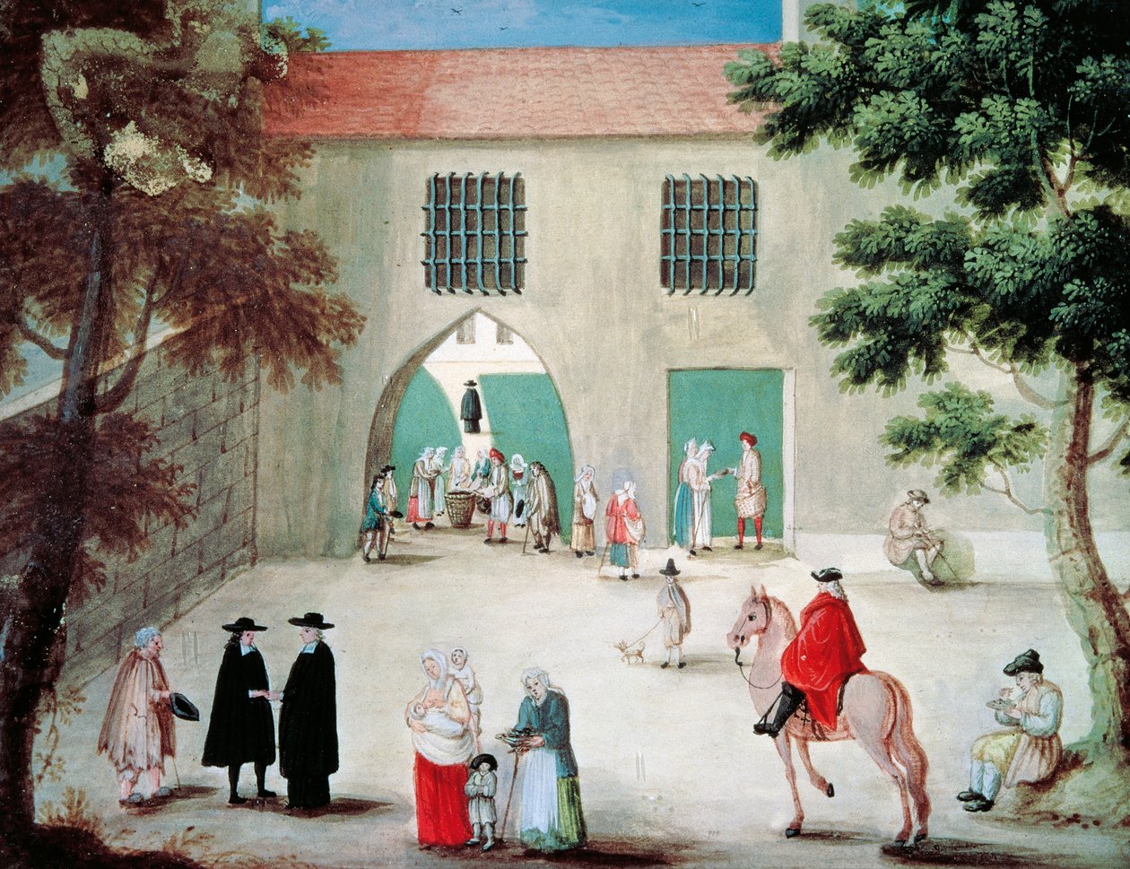 Szegények segítése a Port-Royal des Champes-i apátság előtt, Louise-Magdeleine Hortemels (1688-1767), gouache, Franciaország alkotó: Louise Magdeleine Hortemels
