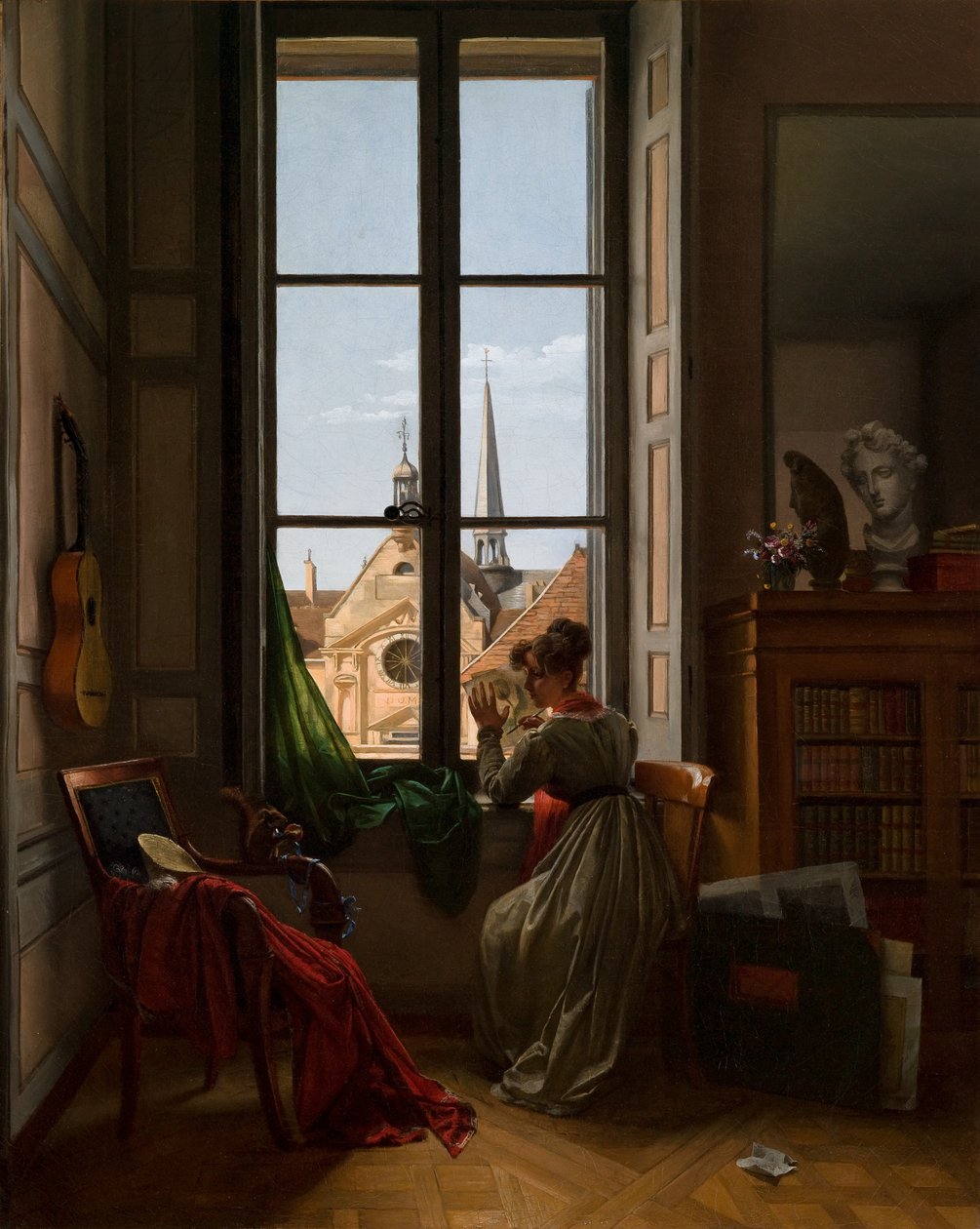 Beltér, virágot rajzoló fiatal nővel, 1820-22 körül (olaj, vászon) alkotó: Louise Adeone Droelling