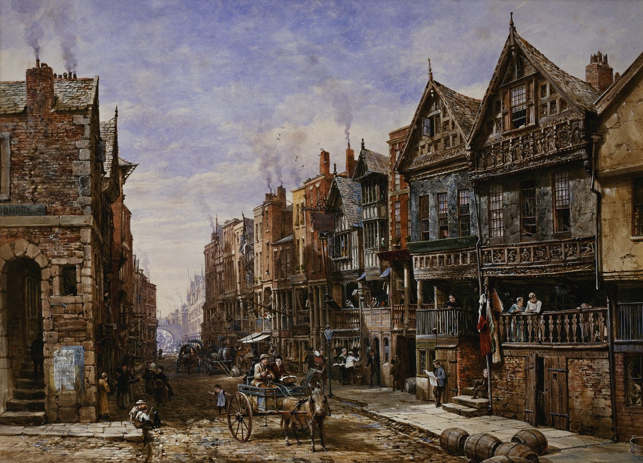 Chester: Watergate Street a Crook Street sarkáról, az Eastgate beyonddal, alkotó: Louise Ingram Rayner
