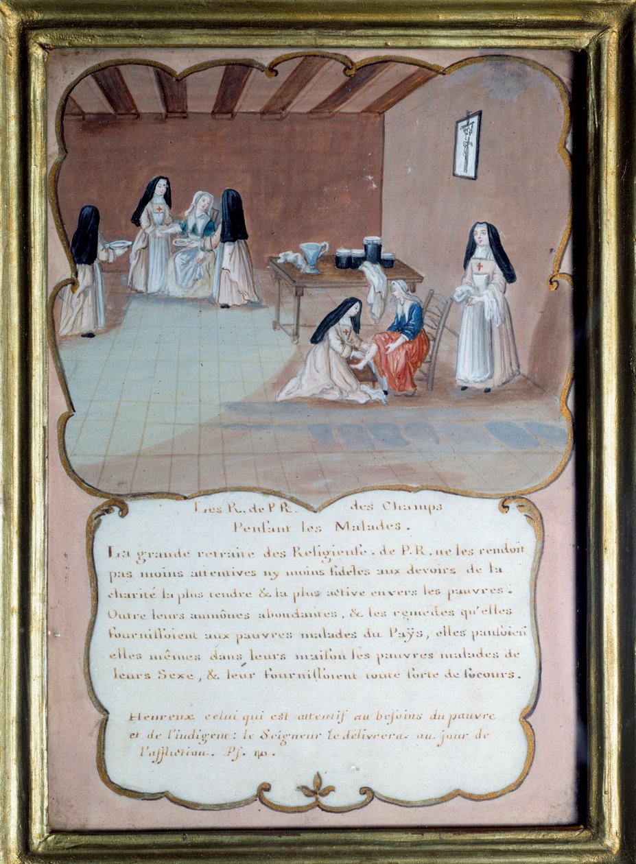 Janzenizmus „A betegekről gondoskodó port royal des champs (Port-Royal-des-Champs) apátság vallása””. Névtelen gouache Louise Madeleine Cochin (1686-1767) nyomán. Debütálás a 18. században. Port Royal, Musee Des Granges. alkotó: Louise Madelaine (after) Cochin