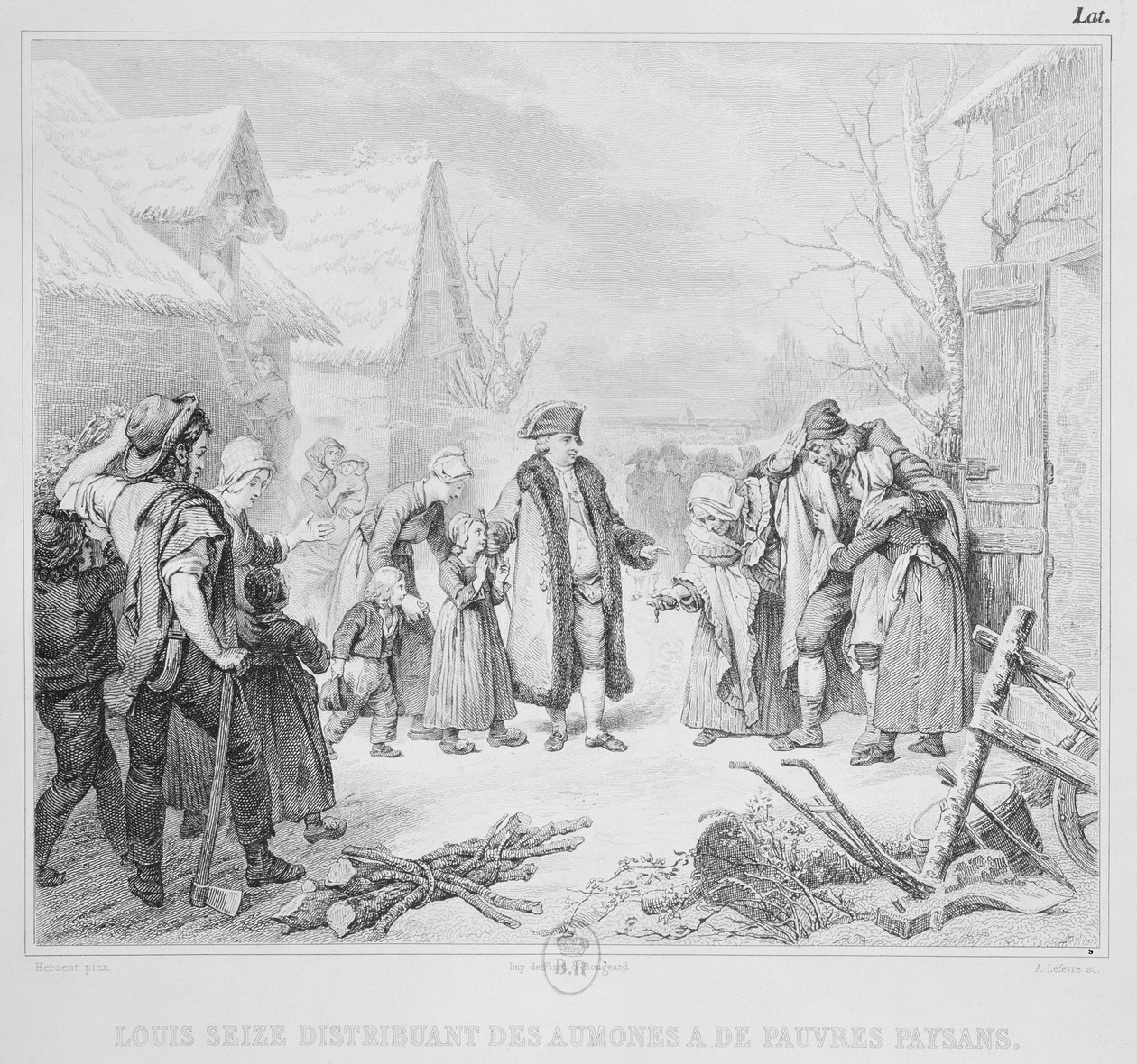XVI. Lajos (1754-93) Alamizsnát osztott a parasztoknak 1788-ban, metszet: A. Lefevre alkotó: Louise Marie Jeanne Hersent