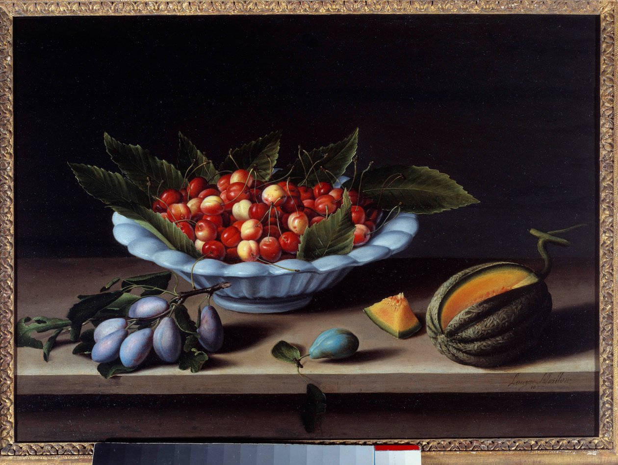 Csésze cseresznye, szilva és sárgadinnye Louise Moillon (1610-1696) festménye 1633 V. 0,48x0,65 m alkotó: Louise Moillon