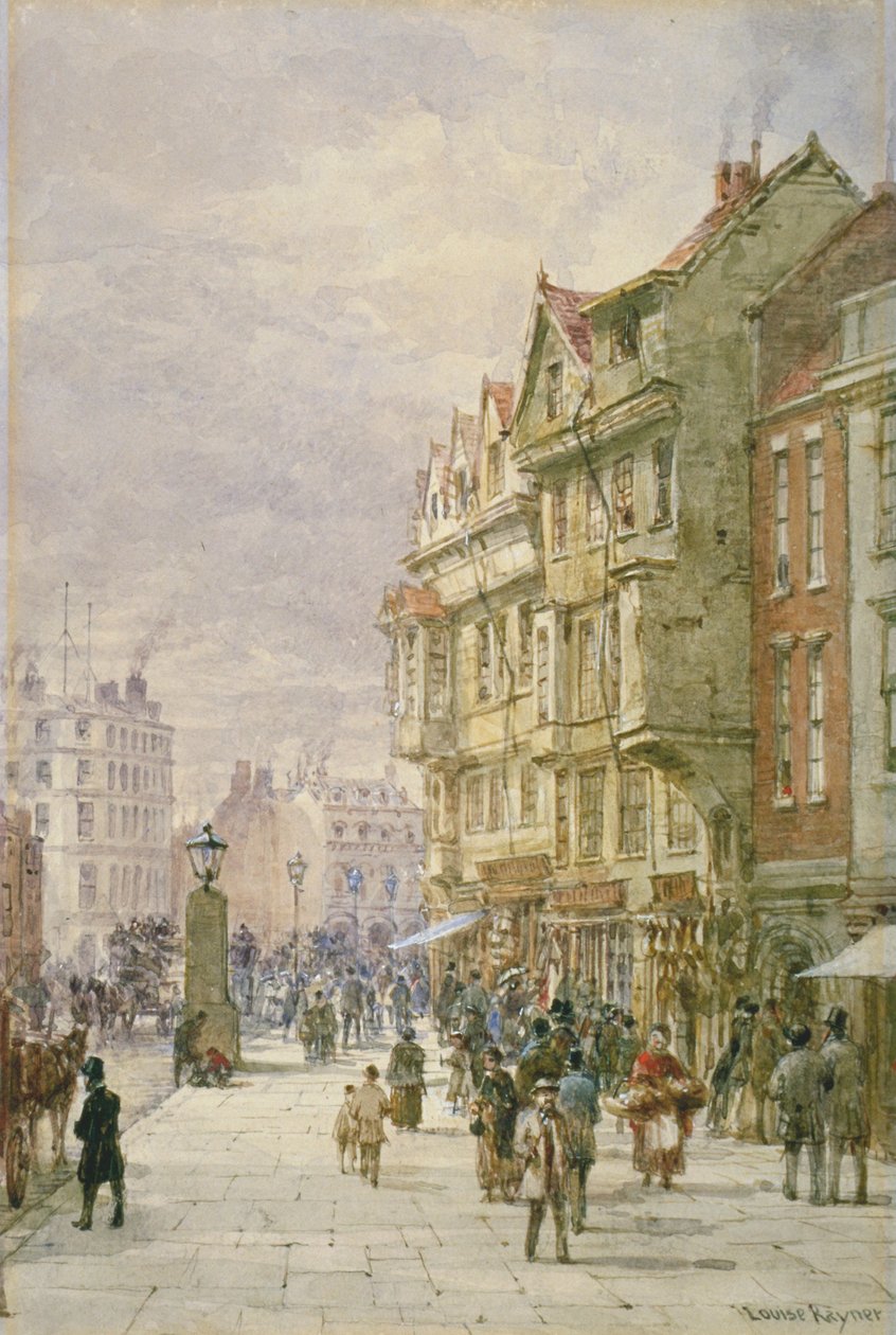 Kilátás keletre Holborn mentén figurákkal és lovas járművekkel az utcán, London, 1875 alkotó: Louise Rayner