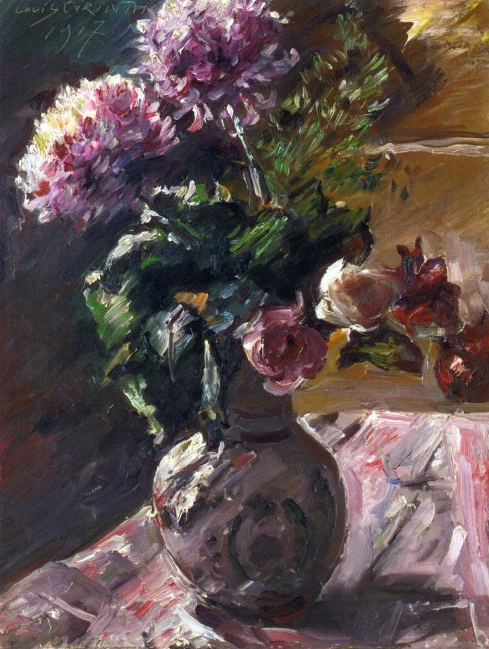 Krizantém és rózsa egy kancsóban alkotó: Lovis Corinth