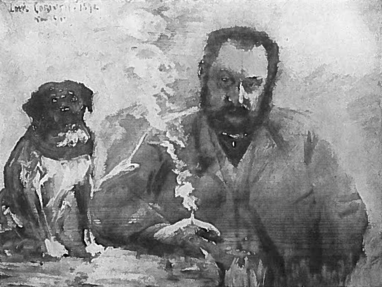 Úriember az asztalnál kutyákkal alkotó: Lovis Corinth