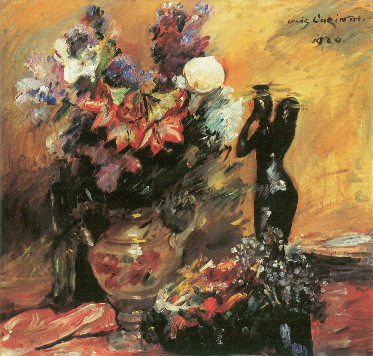 Calla és lila bronz figurával alkotó: Lovis Corinth