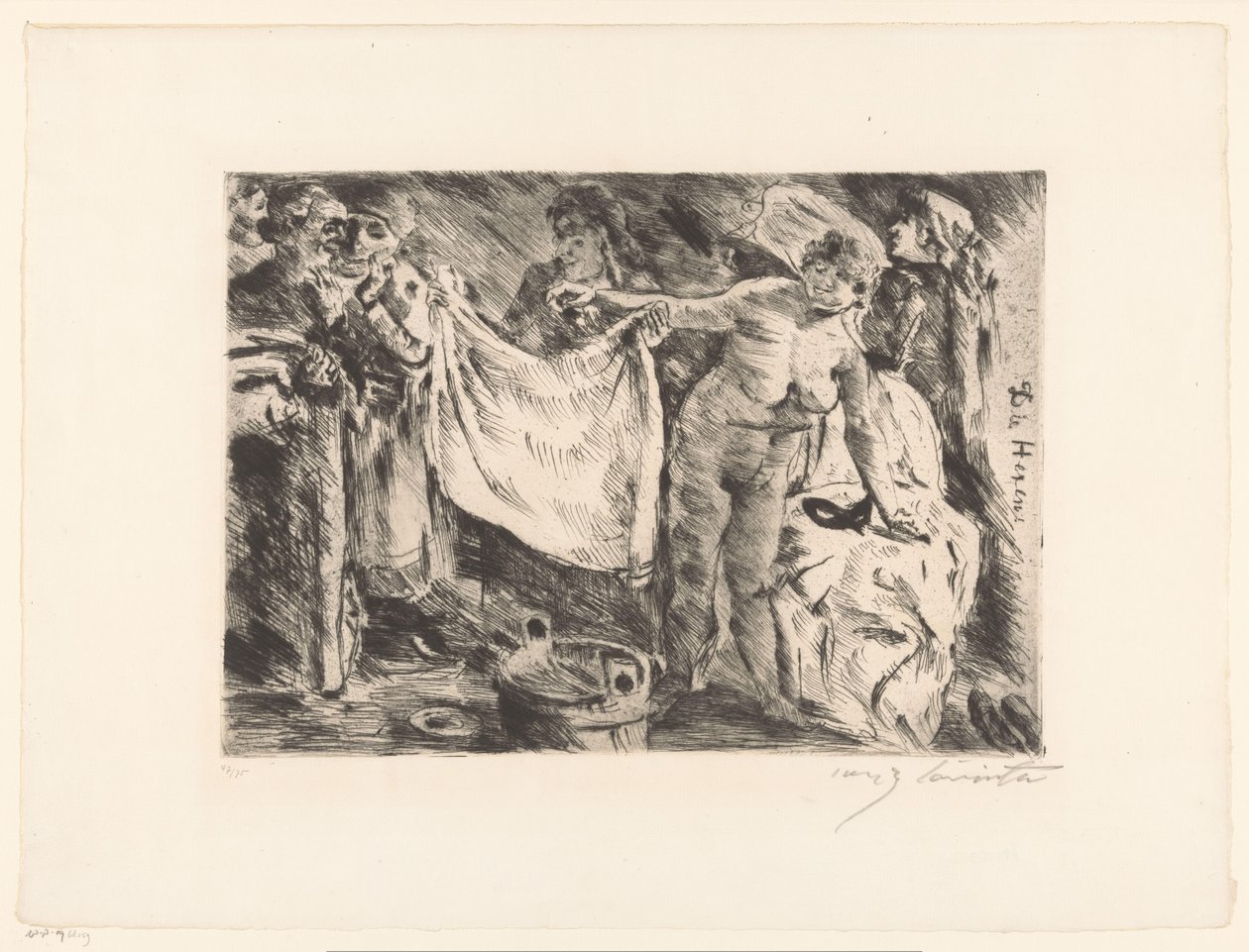 Nők csoportja, az egyik meztelen, a másik pedig feltart egy ruhát Die Hexen (cím az objektumon) alkotó: Lovis Corinth (signed by artist)