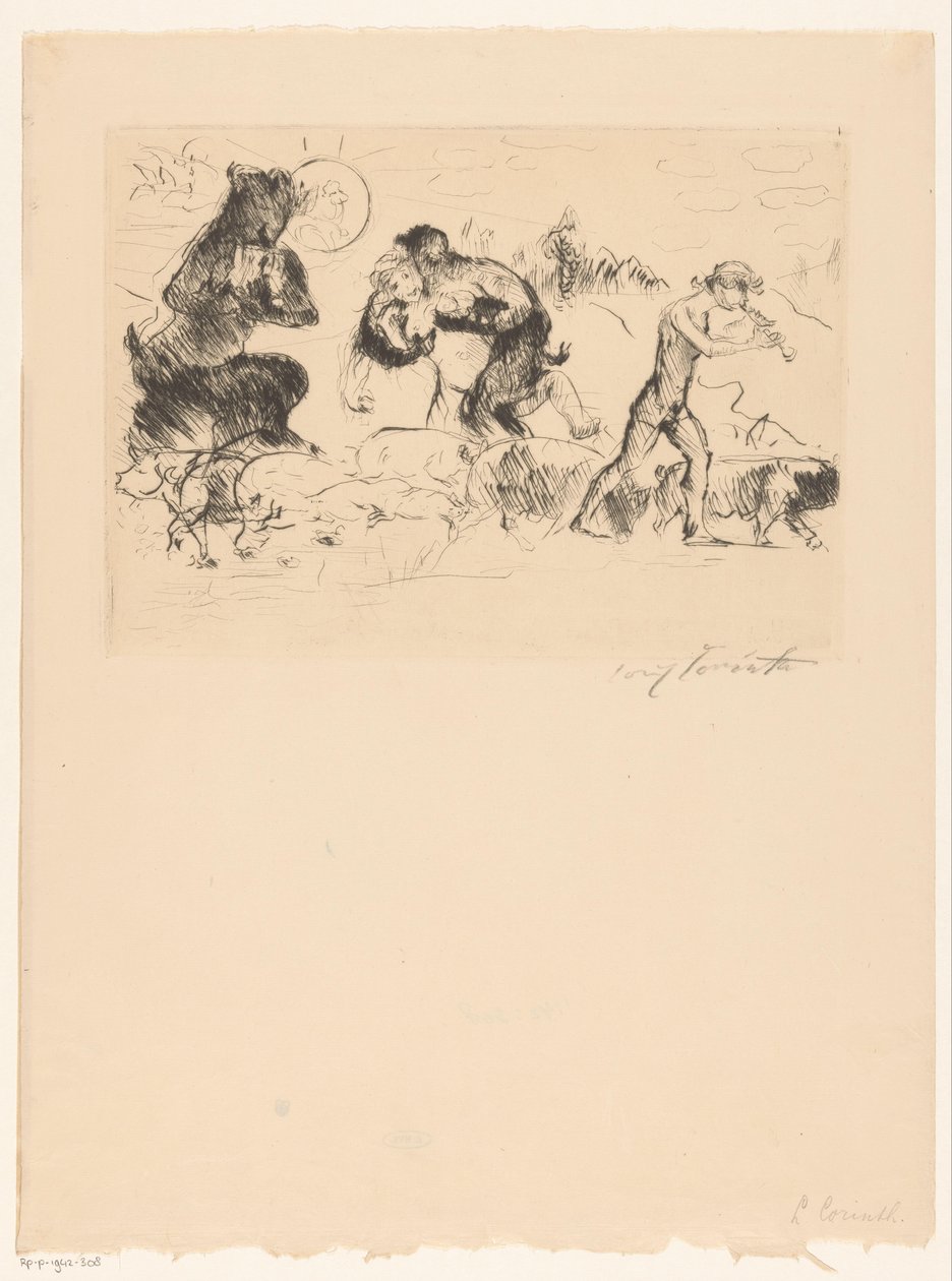 Szatírok, egy nimfa, egy faun és egy disznónyáj alkotó: Lovis Corinth (signed by artist)