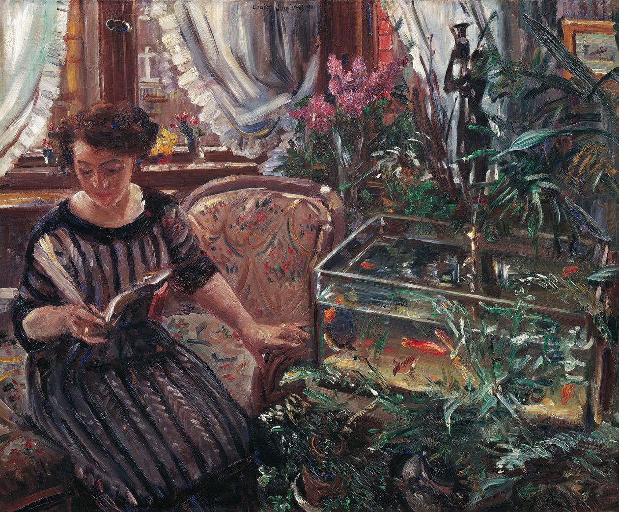 Egy nő egy aranyhal-akvárium közelében olvas, 1911. alkotó: Lovis Corinth