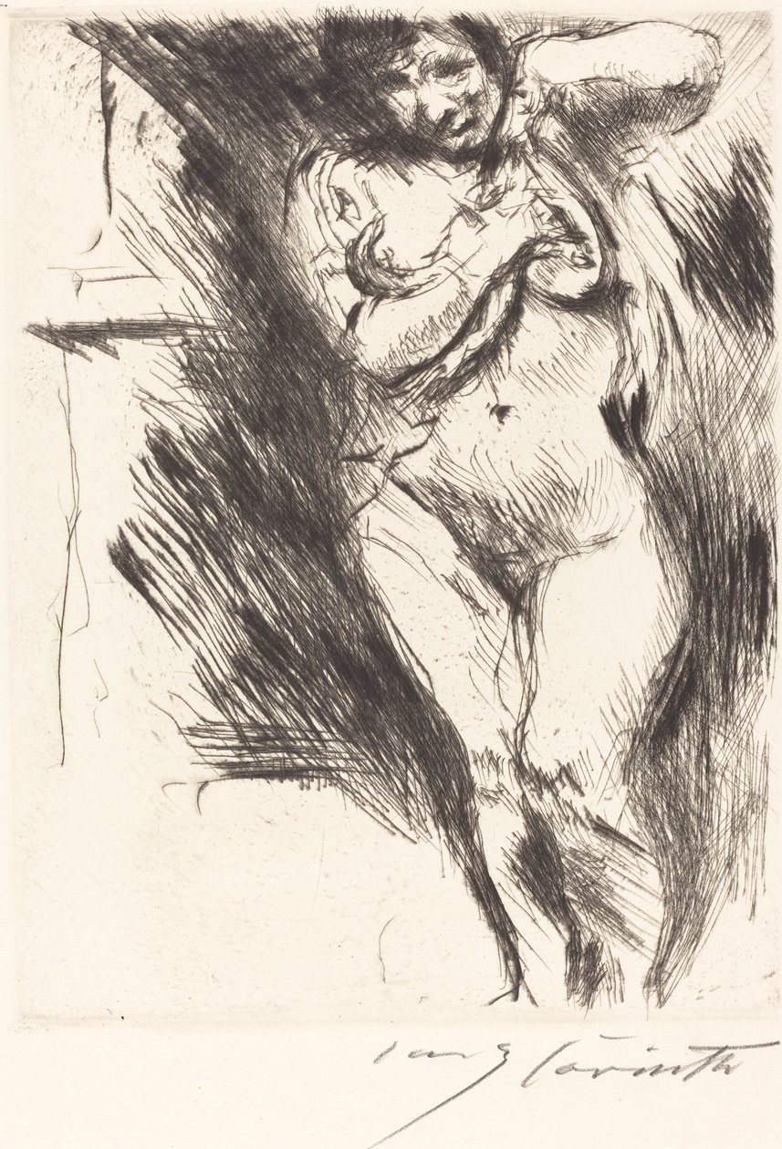 Akt emelt inggel (Nő vetkőző) alkotó: Lovis Corinth