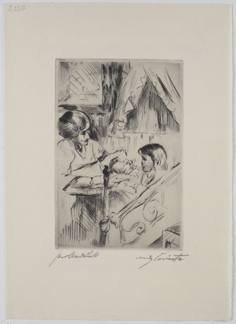 Gyerek az ágyban és az anya alkotó: Lovis Corinth