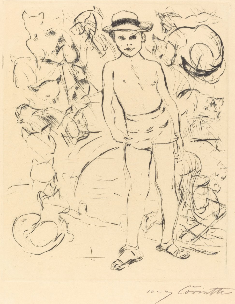 Fürdőnadrágot és szalmakalapot viselő fiú Fürdőnadrágot és szalmakalapot viselő fiú, 1915. alkotó: Lovis Corinth