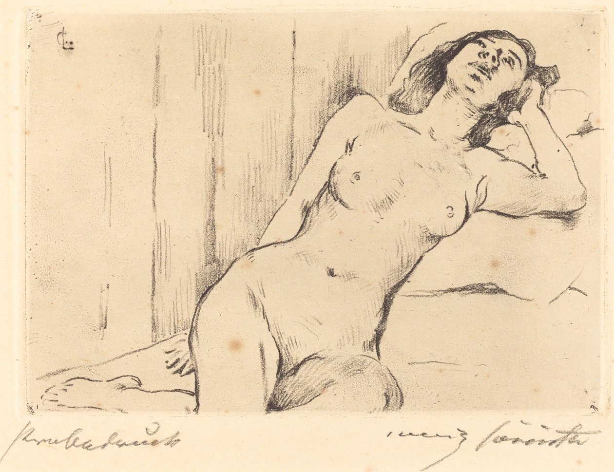 Pihenő háromnegyedes akt Fekvő női akt, 1911. alkotó: Lovis Corinth