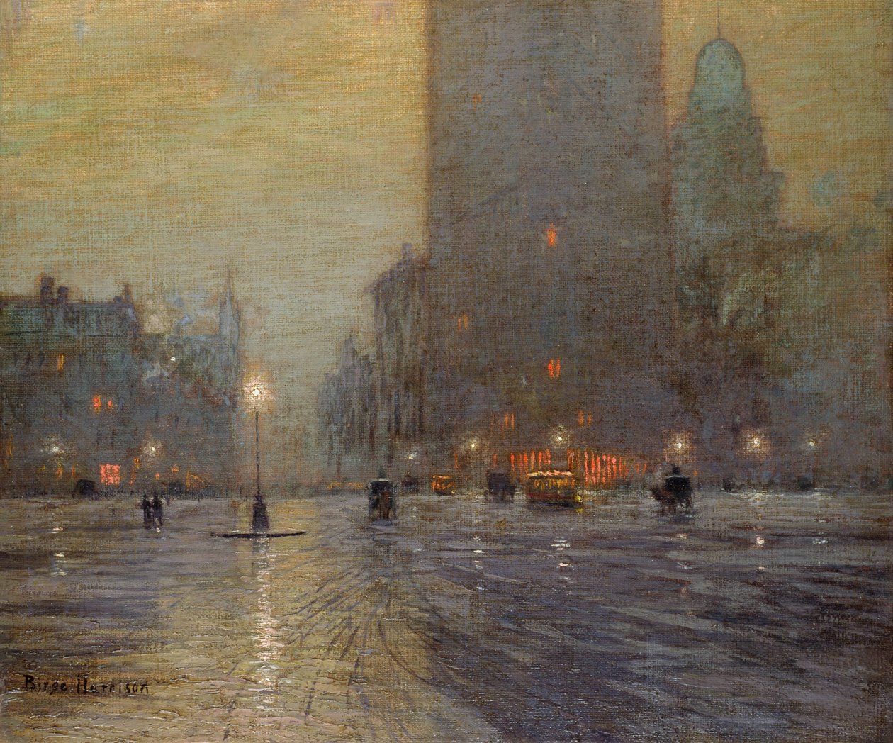Madison Square, Rainy Night (olaj, vászon) alkotó: Lowell Birge Harrison