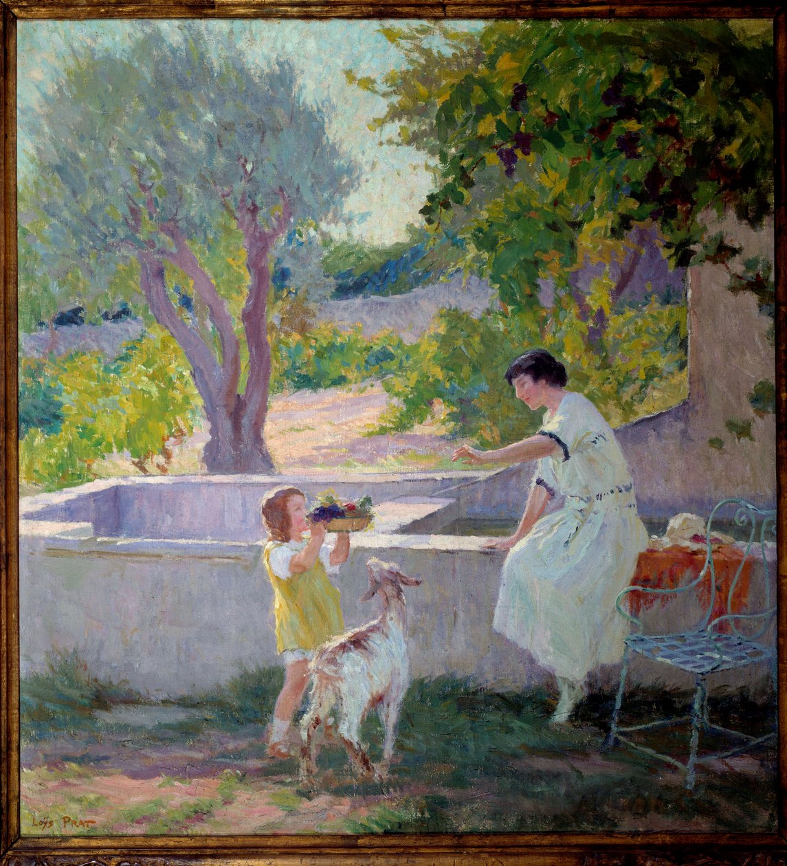 Madame Prat és lánya a kertben a kis kecskével Joseph Loys Prat festménye (1879-1934), XX. század. Donzere polgármestere. alkotó: Loys Prat