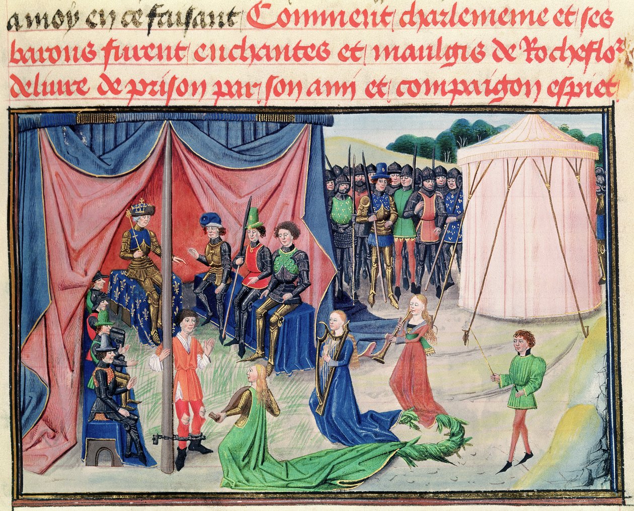 Ms 5072 f.233v Charlemagne és bárói elvarázsolva, a Renaud de Montauban ciklusból alkotó: Loyset Liedet