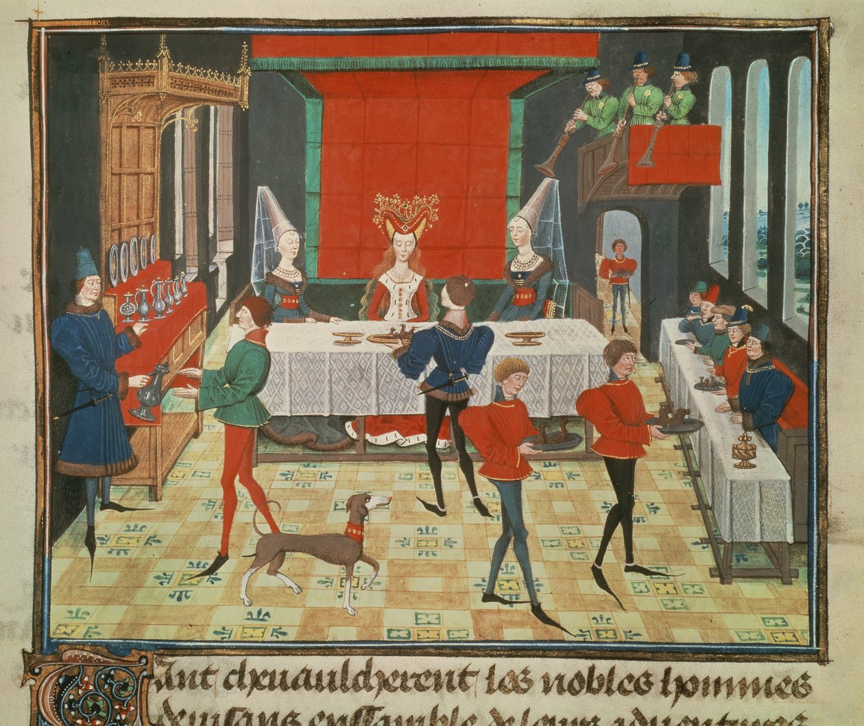 Ms 5073 f.140v egy minőségi hölgy asztali felszolgálása, a Renaud de Montauban ciklusból alkotó: Loyset Liedet
