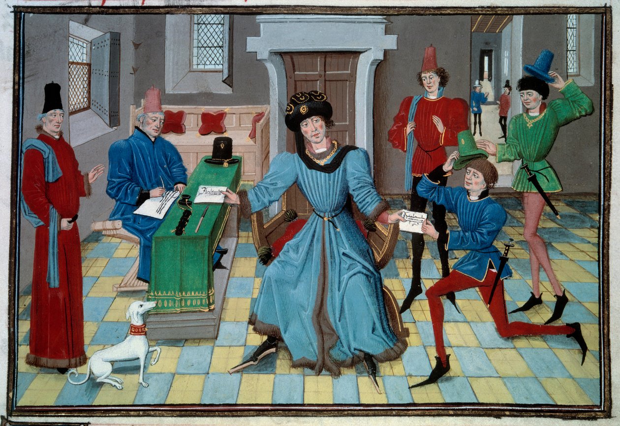Miniatűr hírnök érkezése Loyset Liedet „Renaud de Montauban” vagy „Les quatre fils Aymon” kéziratából (aktív 1448 és 1478 között). Ms. 5073. 15. századi Bibliotheque de l