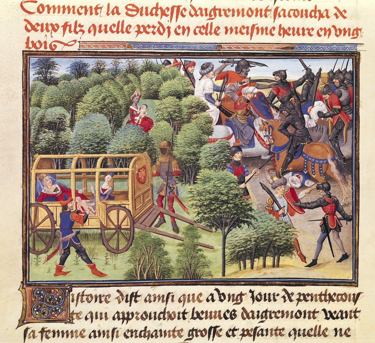 Ms 5072 f.6v Hogyan szült Aigremont hercegné két fiát, és ugyanabban az órában veszítette el őket egy erdőben, a Renaud de Montauban ciklusból alkotó: Loyset Liedet
