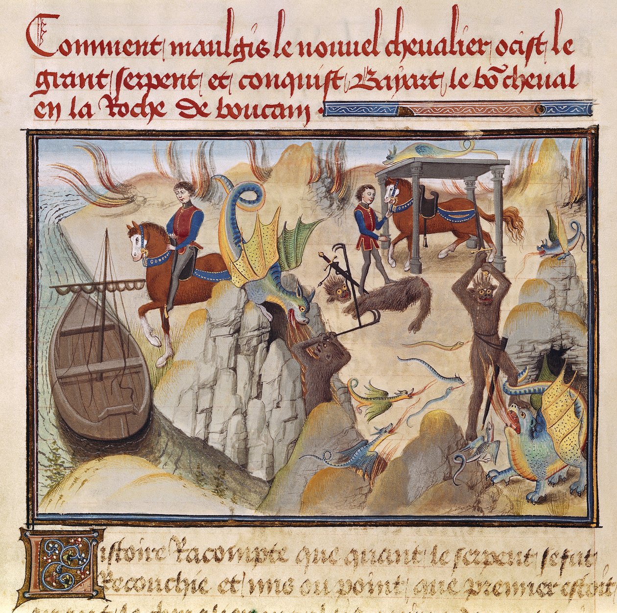 Ms 5072 fol.37v Maugis Harc a kígyóval és az elvarázsolt ló megszerzése, Bayard, a Renaud de Montauban ciklusból alkotó: Loyset Liedet