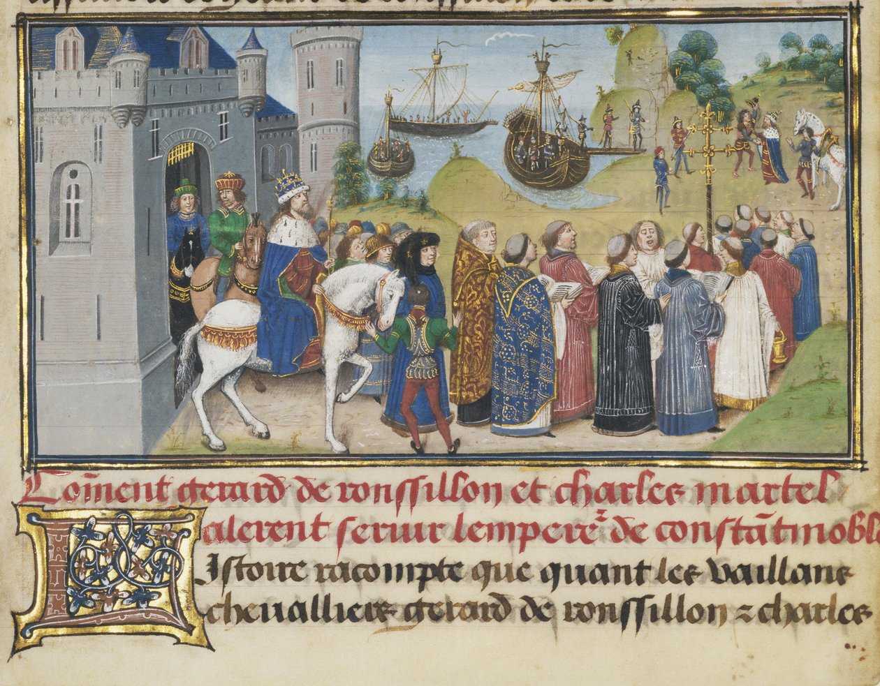 A bizánci császár üdvözli Roussillont és Martelt, 1468-1470 alkotó: Loyset Liedet