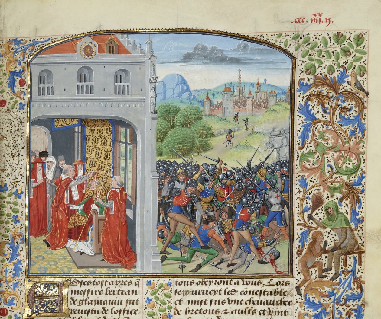 XI. Gergely pápa megkoronázása és a pontvallaini csata, 1370, kb. 1470-1475. alkotó: Loyset Liedet